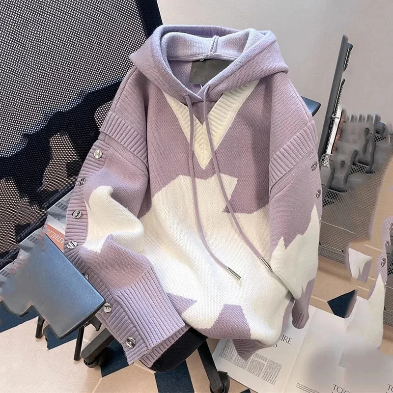 2024 Spring Autumn New Contrast Fake Two Sweater Jacket Women Elegant Hooded Pullover Sweater Female Loose Knitting Jumper Lady