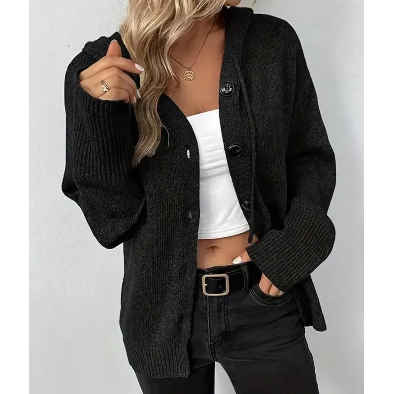Autumn Winter Knitted Single-breasted Hooded Drawstring Cardigan Women's Casual Fashion Long Sleeve Solid Color Loose Coat