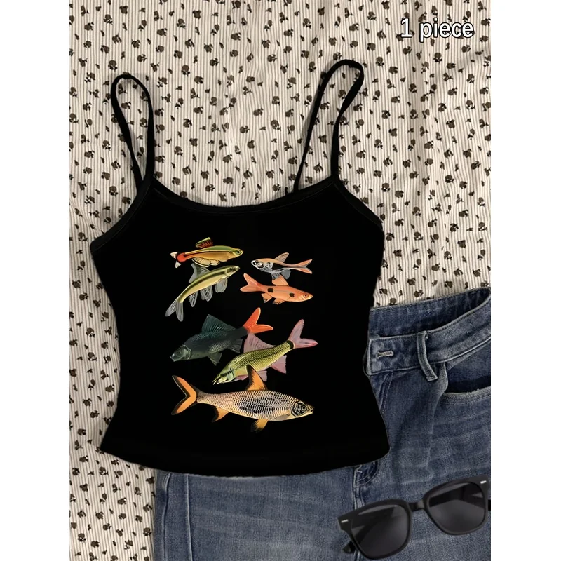 Women Aesthetic Marine Fish Graphic Cami Top Casual Sleeveless Black Spaghetti Strap Crop Tank Vest
