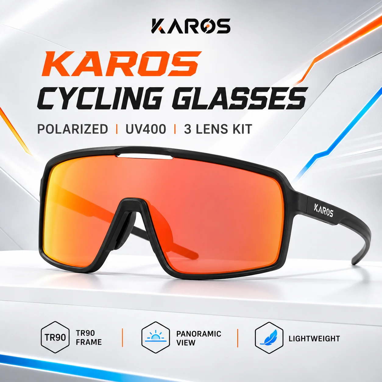 KAROS K04 Polarized Cycling Glasses UV400 3 Lens Set with Prescription Insert for MTB Fishing Running Hiking