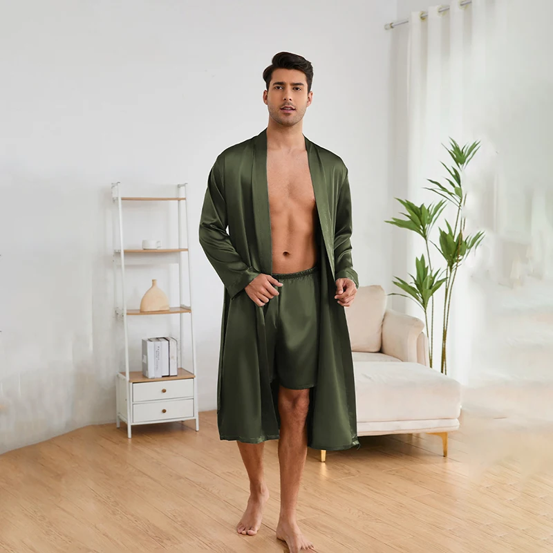 Pajama Men's Spring And Autumn Silk Satin Thin Style Pajamas Long Sleeved Bathrobes Male Shorts Bathrobes Home Clothing