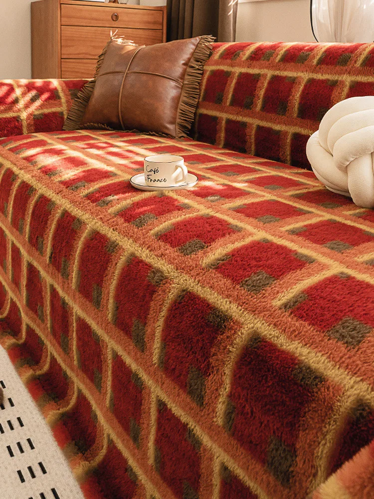 

Красный чехол для дивана из кроличьего меха, вельветовый, зимний, полноразмерный, новогодний декоративный защитный чехол для дивана/софа