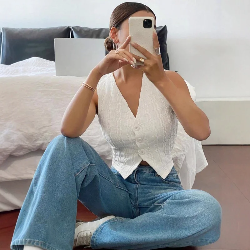 

Женский летний элегантный укороченный топ из ткани с текстурой на пуговицах спереди, без рукавов, с v-образным вырезом, облегающий повседневный жилет для женщин