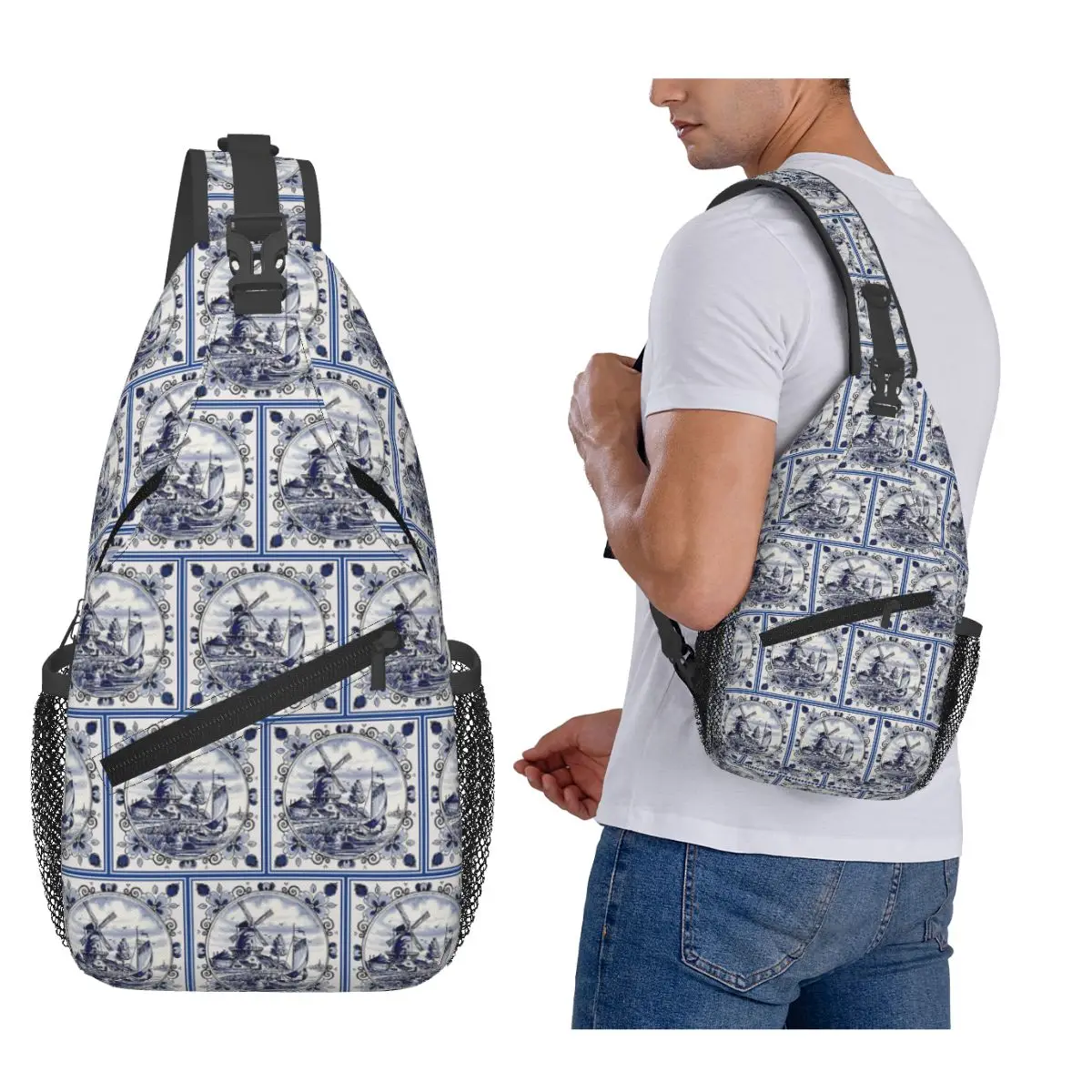 

Dutch Blue Delft Vintage Windmill Print Chest Bag Men Sling Crossbody Backpack Chest Bag Traveling Hiking Daypack Shoulder Bag