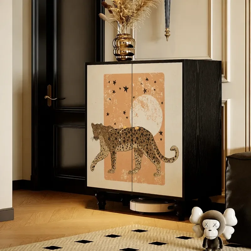 Niche Leopard Print Solid Wood Shoe Cabinet Household Shoe Rack Free Installation Storage Decorative Cabinet for Living Room