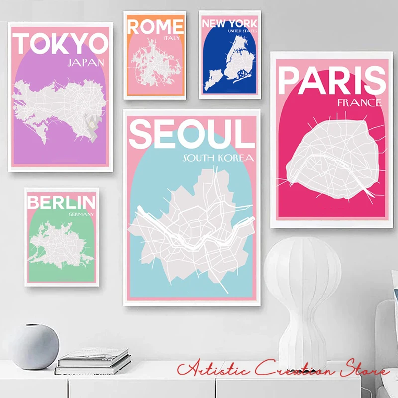 City Map Poster Berlin Seoul Tokyo Rome New York London Paris Art Canvas Painting Pictures for Nordic Cartoon Wall Home Decor