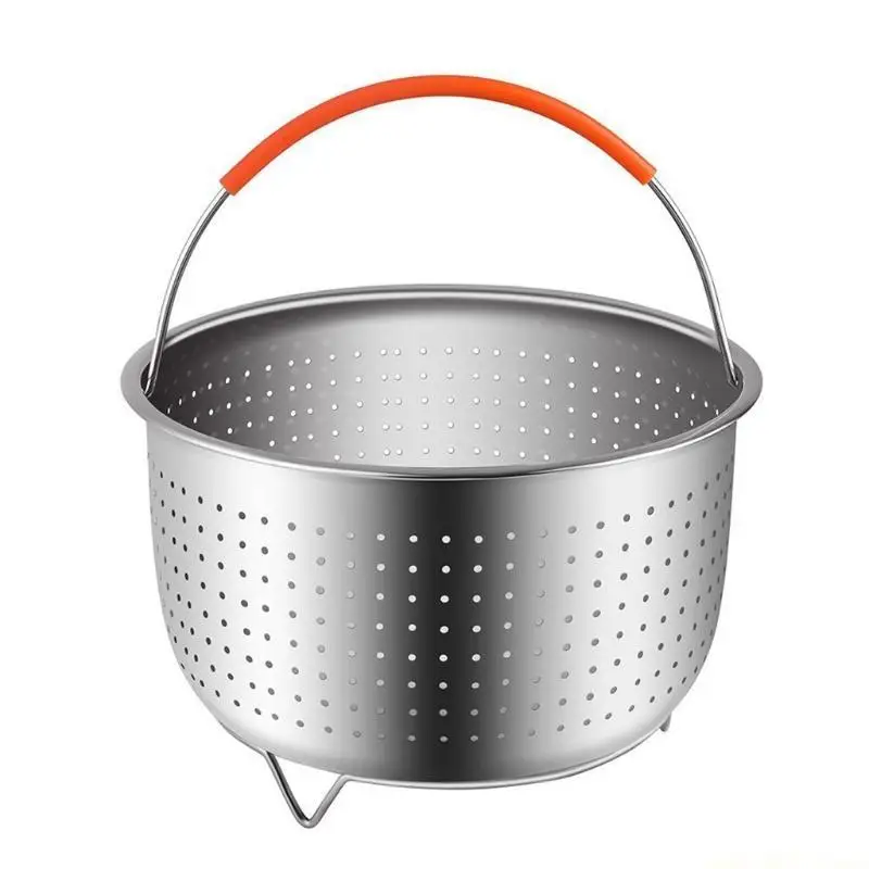 QX2E Kitchen Stainless Steel Steamer Basket with Silicone Covered Handle for 3/6/8 Quart Pressure Cooker Insert Accessories