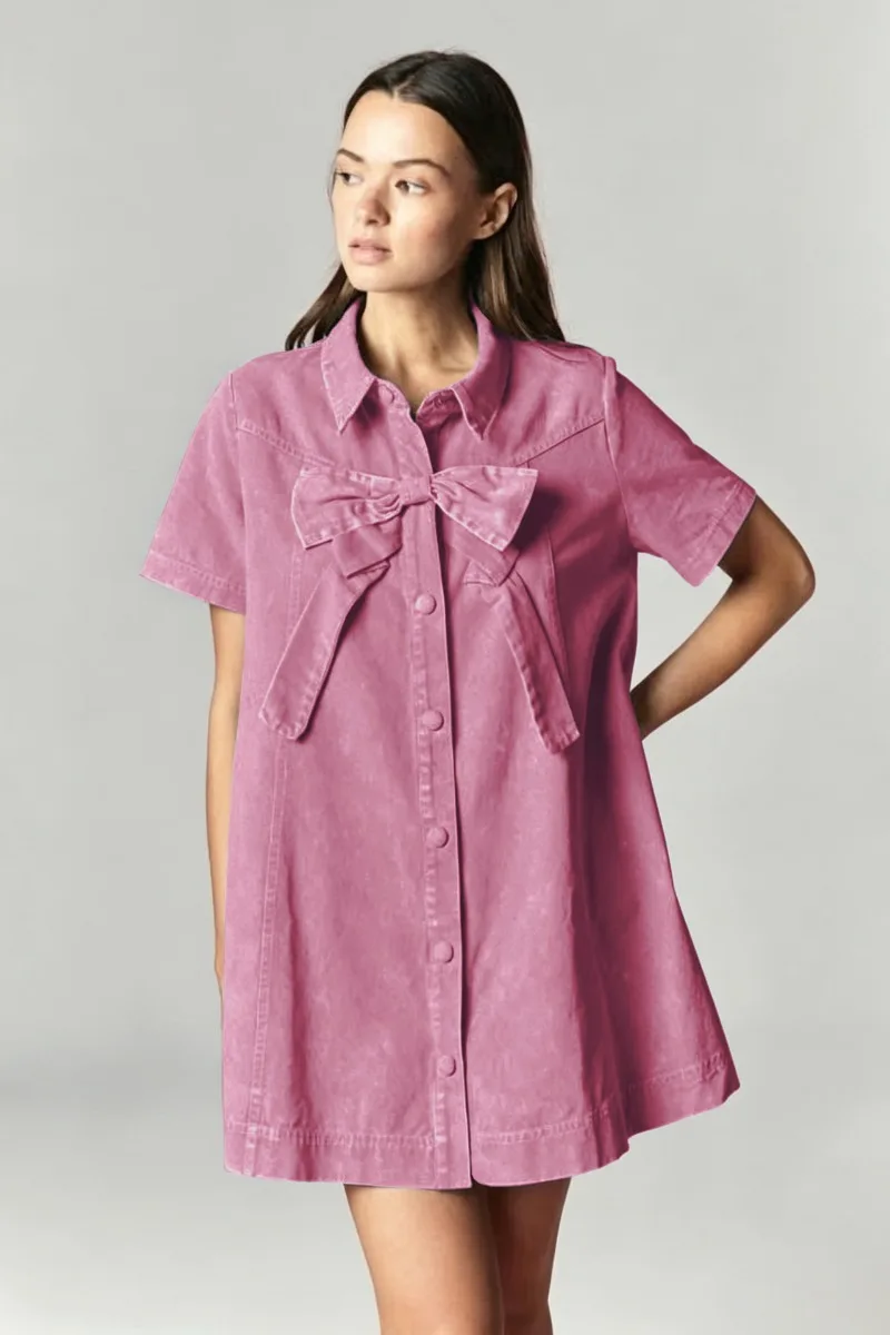 Lässiges Sommer-Denim-Minikleid für Damen in Pink, Elegantes 2026 Neues Vintage-Kleid mit Schleifendekoration, Kragen und Kurzen Ärmeln, Lockeres A-Linien-Kleid – Detail 3