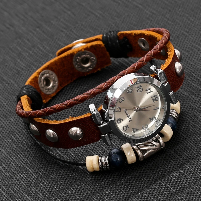 Punk Vintage Men's Quartz Wristwatch Handmade Leather Bracelet Unisex Streetwear Fashion Gift Set