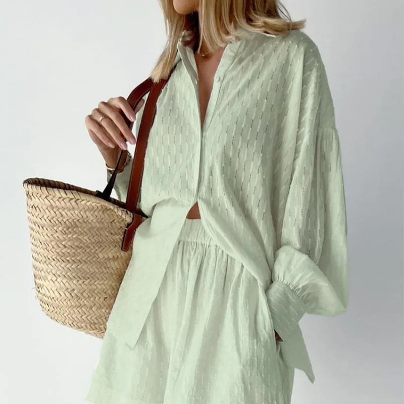 

2025 Summer New Casual Bubble Women's Sleeved Top Commuter Jacquard Women's Shorts Shirt Set