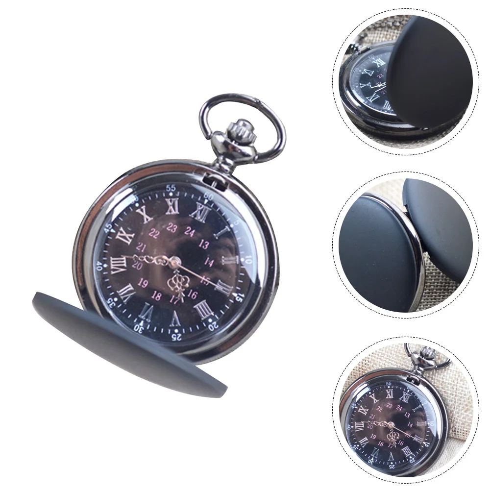 Quartz Pocket Watch Black Frosted Portable Small Lightweight Retro Watch with Hanging Chain for Men Women Vintage Style