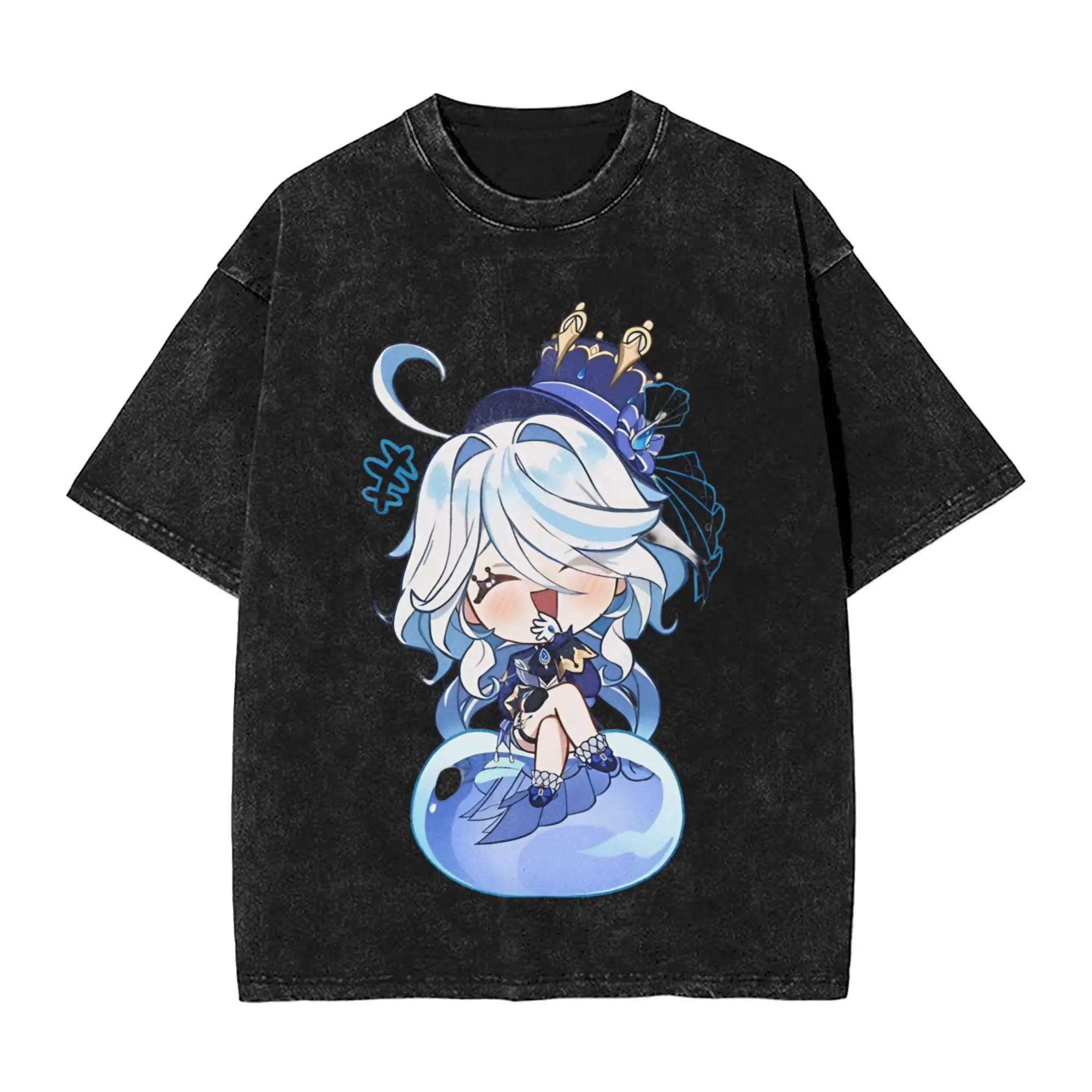 Chibi Furina T Shirt Hip Hop Washed Short Sleeve Harajuku T-Shirt Genshin Impact Game Vintage for Men Women Tops Printed Tees