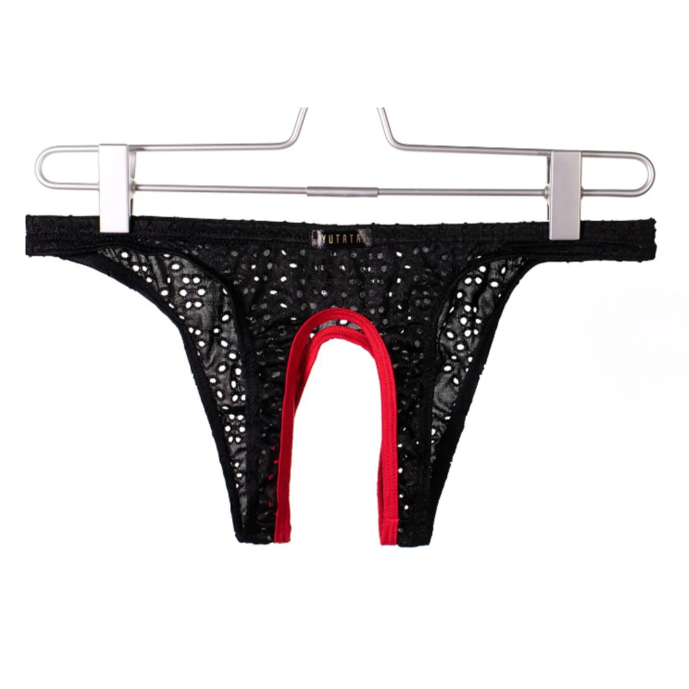 العلامة التجارية الجديدة للرجال الملابس الداخلية Underpant البوليستر سيسي الملابس الداخلية تنفس Crotchless الجبهة مفتوحة عارضة #3