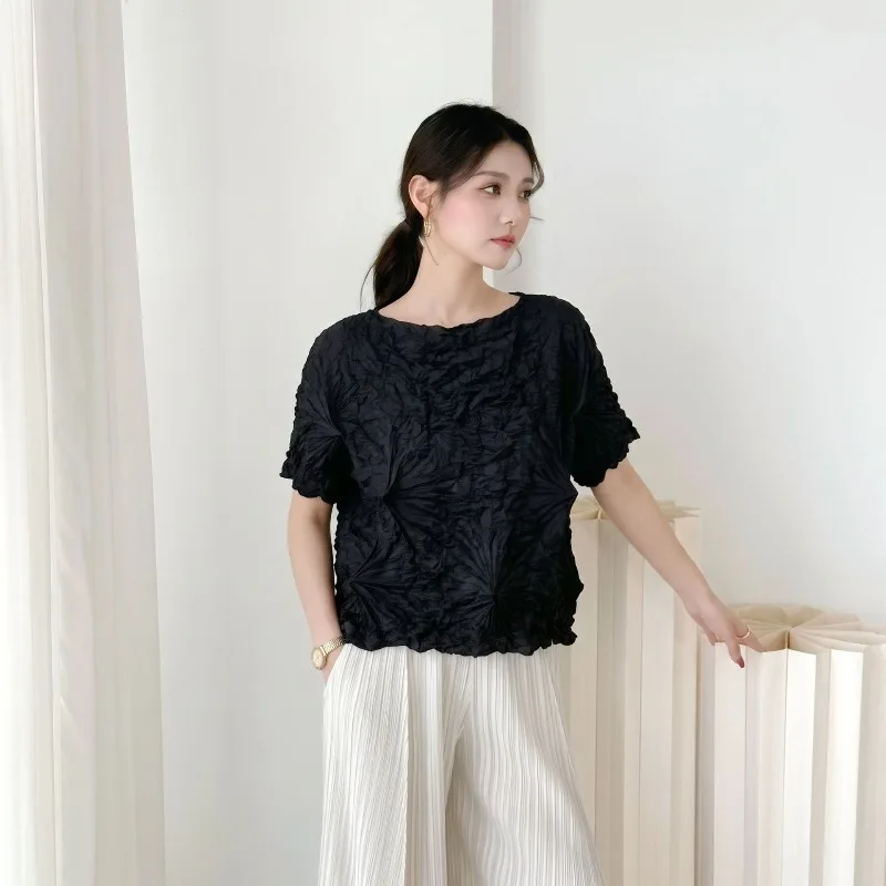 Miyake Pleated New Summer 2026 Original Fashion Irregular Pleats Pure High-end Versatile T-shirt Heavy Craft Design Pullover Top