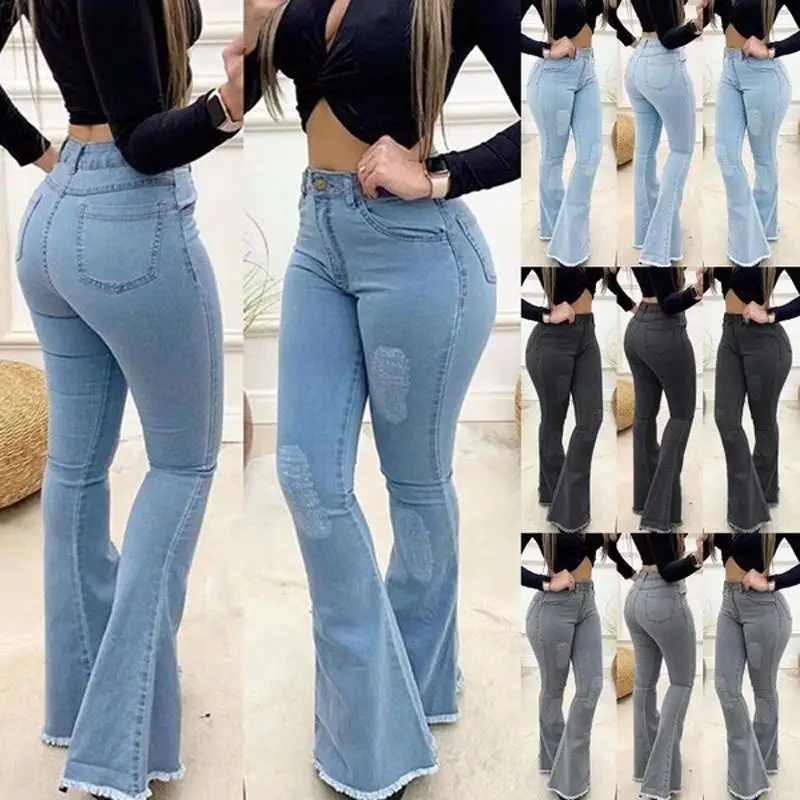 

Women High Waist Denim Jeans Solid Slim Flare Pants Ladies Skinny Full Length Jean S-3XL