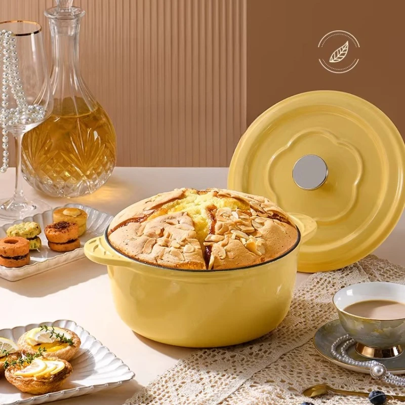 

Чугунная кастрюля с антипригарным эмалевым покрытием 24 см, с крышкой, для тушения, для газовых и индукционных плит, розовая, кухонная утварь