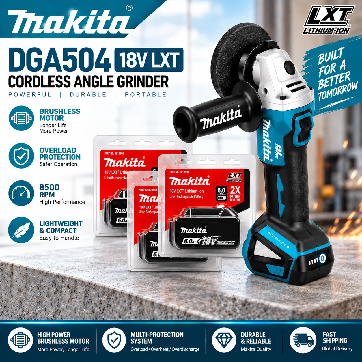 Für Makita DGA504 18V LXT Akku-Winkelschleifer, bürstenloser Motor, 6,0Ah Lithium-Akku, hohe Leistung zum Schneiden, Schleifen, Polieren, professionelles Elektrowerkzeug