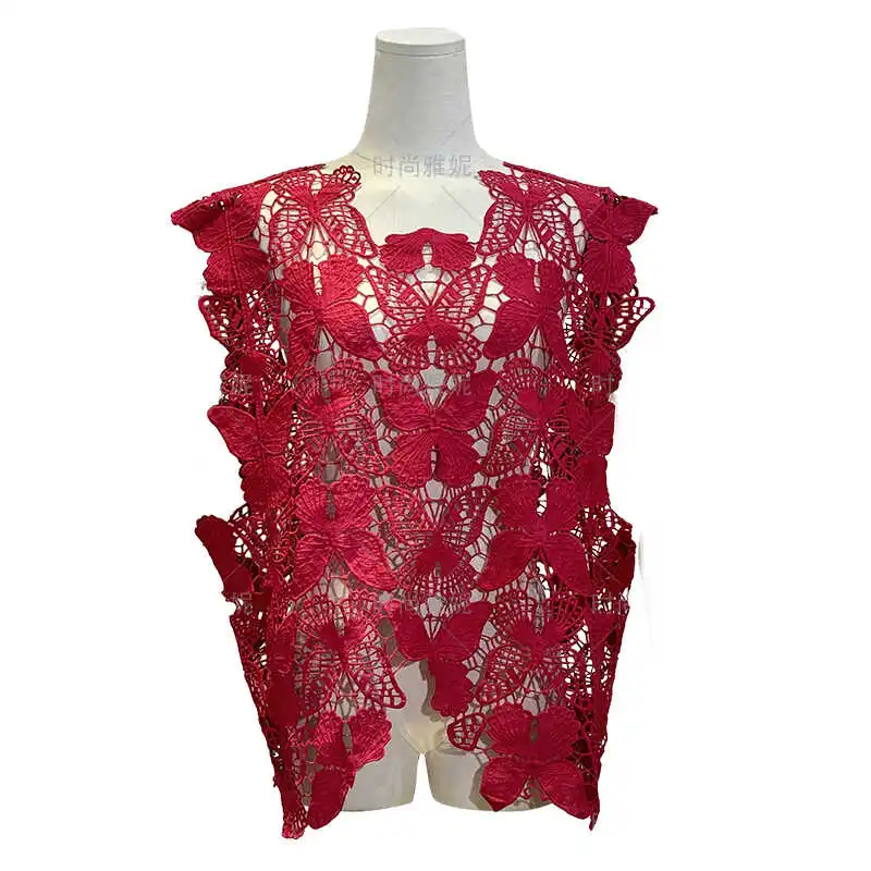 New Lace Butterfly Embroidered Cutout Blouse Top Vest Women's Sleeveless Outer Wear Loose Temperament Fashion Rose Red Waistcoat