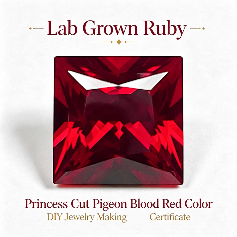 Lab Grown Ruby Princess Cut Pigeon Blood Red Color DIY Charms Jewelry Making Ring Necklace Earrings Main Materials Certificate