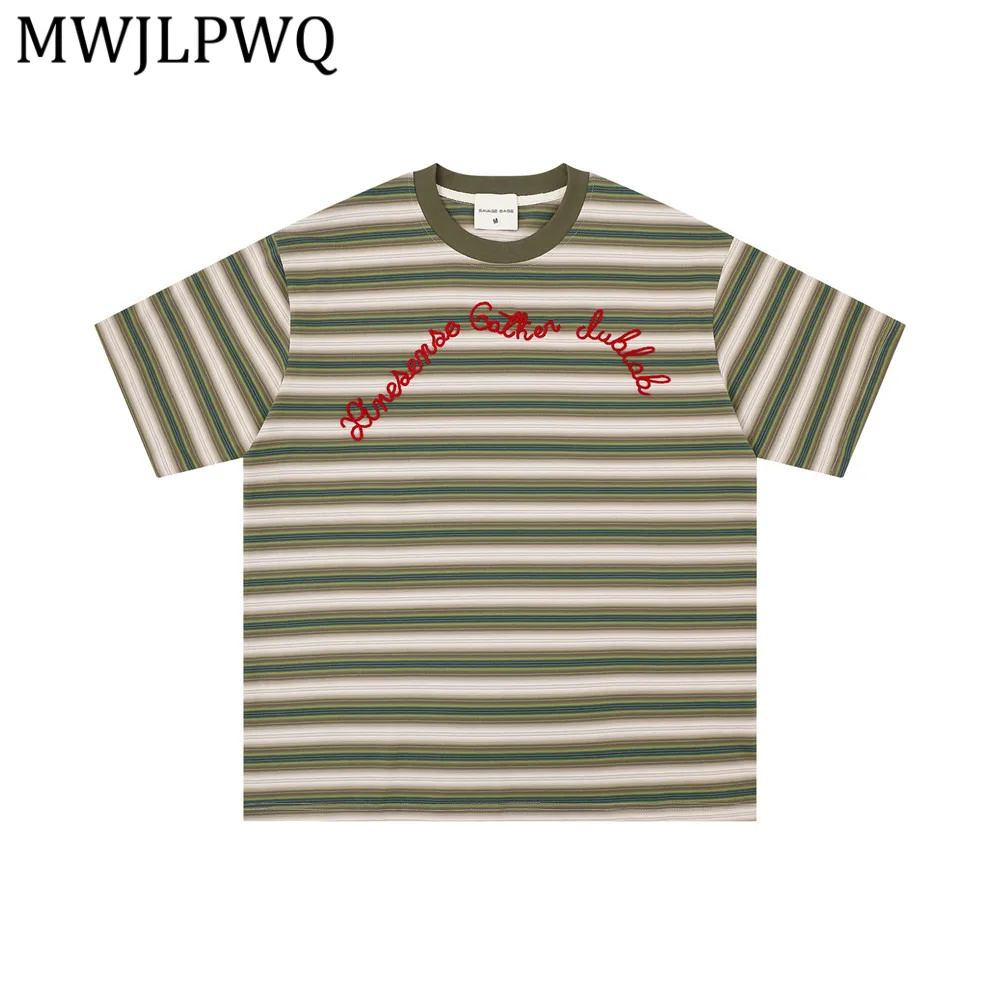 

Мужская футболка MWJLPWQ с коротким рукавом, в полоску, с вышивкой, винтажный американский стиль, свободный крой, круглый вырез, модель 15048