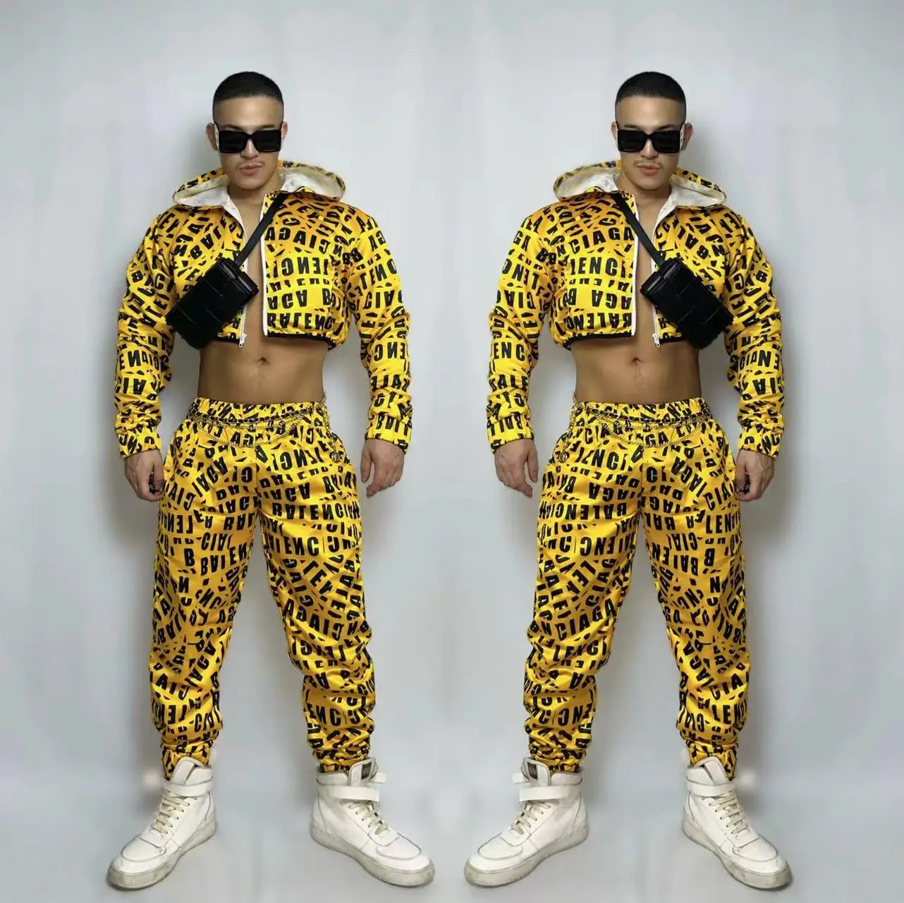 Yellow Letter Hooded Short Jacket Pants Hip Hop Jazz Dance Costume Male Women Gogo DJ Party Rave Show Performance Clothes