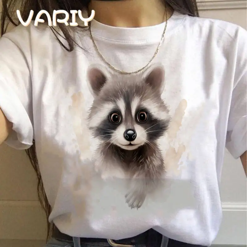 Cute Raccoon Graphic T-shirt For Women Animals Printing Tee-shirt Kawaii Cartoon Tshirts Casual Short Sleeves High Street Tees