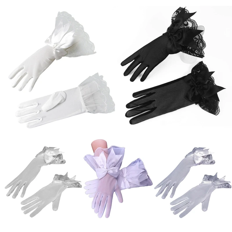 

Women Bride Short Gloves Nightclub See Through Gloves Elegant Full Finger Gloves Bowknot Bowknot Decor Lace Mitten