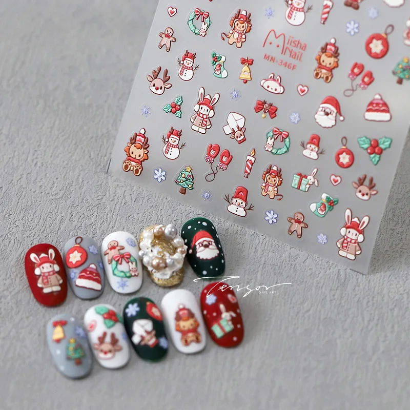 5D Relief Lovely Merry Christmas Santa Claus Hat Gloves Deer Adhesive Nail Art Stickers Decals Manicure Xmas Emboossed Charms