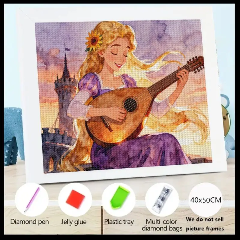 

1PC Hot Trend 5D DIY Full Drill Diamond Painting Kit, Enchanting Disney Princess Rapunzel Playing Lute at Sunset with Castle Bac