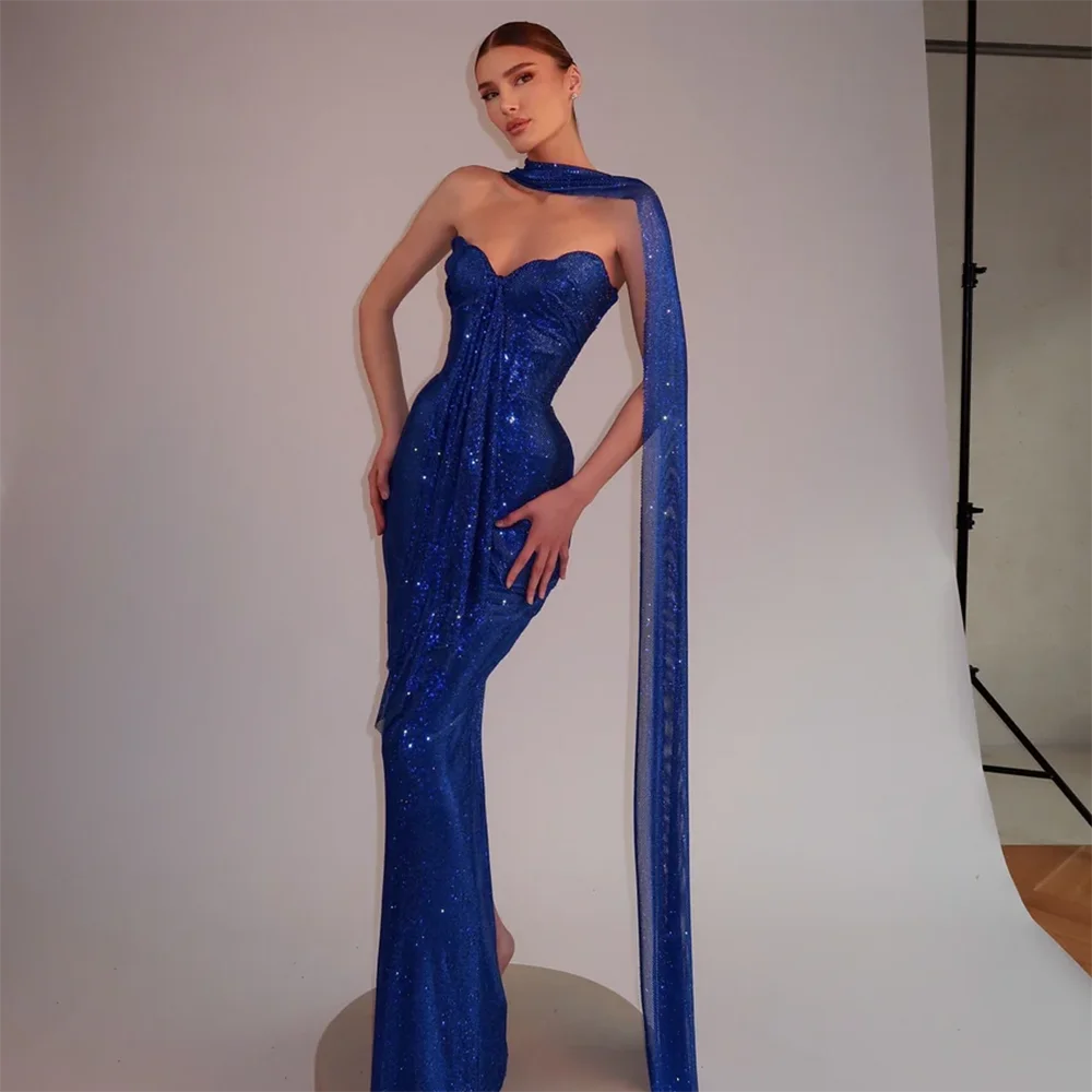 

Блестящее синее платье для выпускного вечера, сексуальное милое плиссированное платье с блестками, вечерние платья с шарфом по индивидуальному заказу