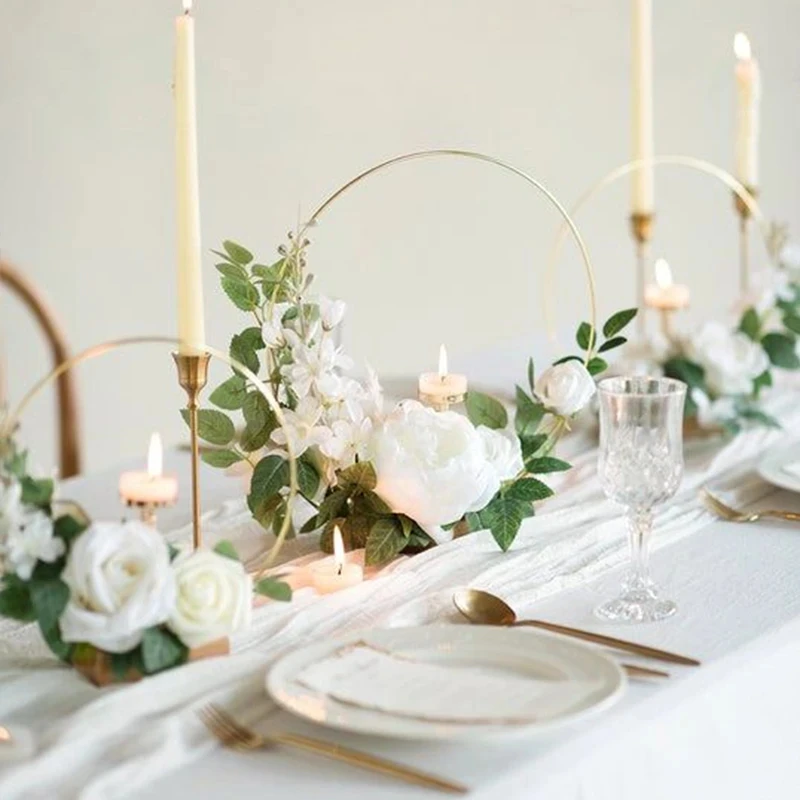 20-35cm Wedding Wreath Metal Ring Hoop With Wooden Base Artificial Flowers Metal Garland For Wedding Christmas Party Table Decor