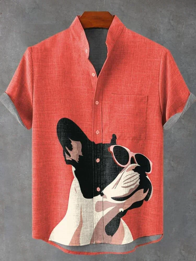 

Summer 2025 Linen Color blocked Boston Terrier Retro 3D Printed Casual Hawaiian Beach Men's Shirt