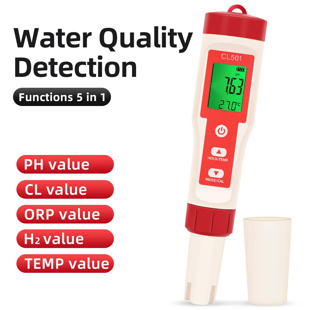 5 in 1 Chlorine Meter Pen Water Quality Detector PH H2 ORP TEMP CL2 Tester Multi-function Spa Swimming Pool Chlorine Monitor