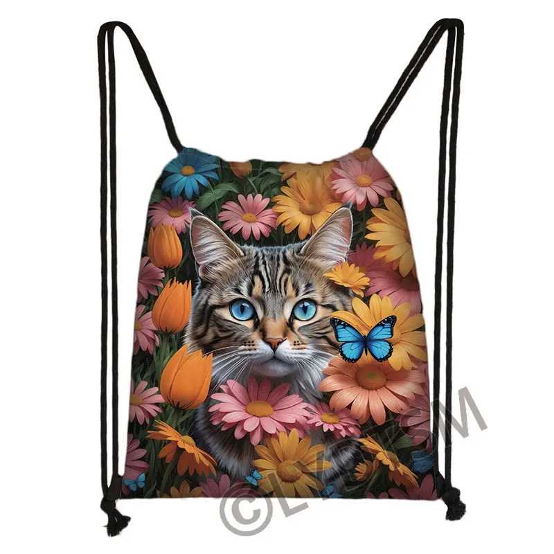 Cartoon Flowers Cat Print Drawstring Bag Kawaii Black Cat Moon Backpacks for Travel Teenagers Book Bag Shoes Holder Bags