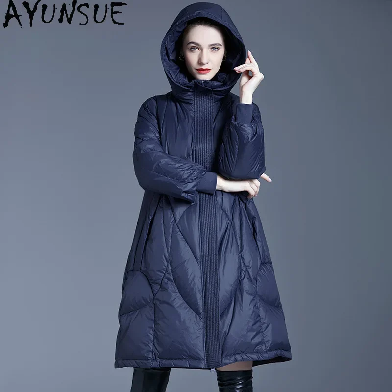 AYUNSUE Piumino in piuma d'anatra bianca da donna con cappuccio 2024 Cappotto lungo invernale Piumini caldi Abbigliamento donna oversize Пухо osnки