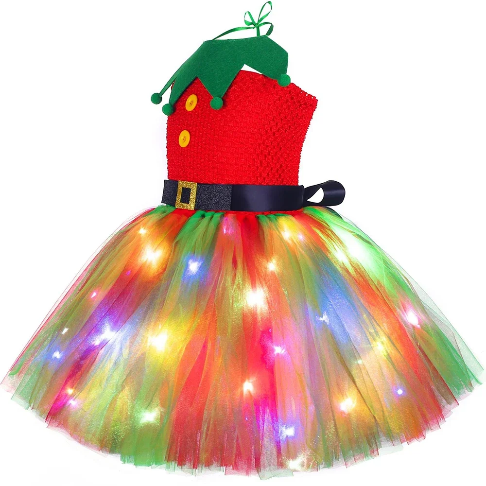 فستان عيد الميلاد توتو أحمر أخضر تول فستان الأميرة قزم زي للفتيات مصباح ليد حتى للفتيات السنة الجديدة حفلة عيد الميلاد الزي #3