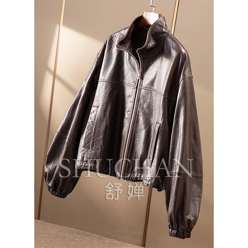 Lusso di qualità, giacca in pelle con colletto rialzato in pelle di pecora modello Illy Lychee da donna 84B1 Giacca in vera pelle da donna