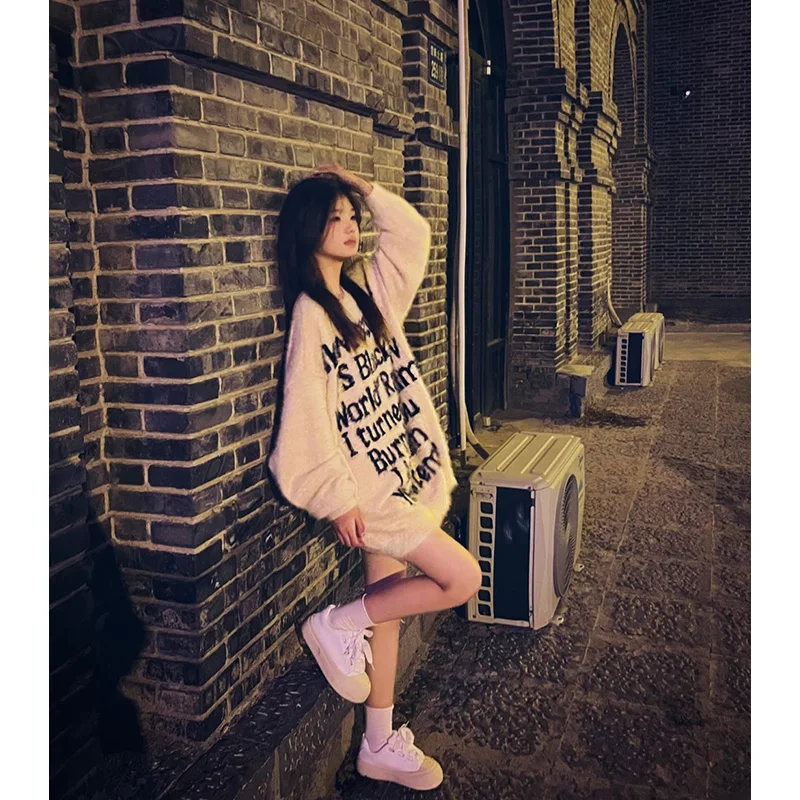 

Женский вязаный свитер с буквенным принтом Street Sle, круглый пуловер с капюшоном на подкладке, пальто, теплый, удобный, осенне-зимний, верх...