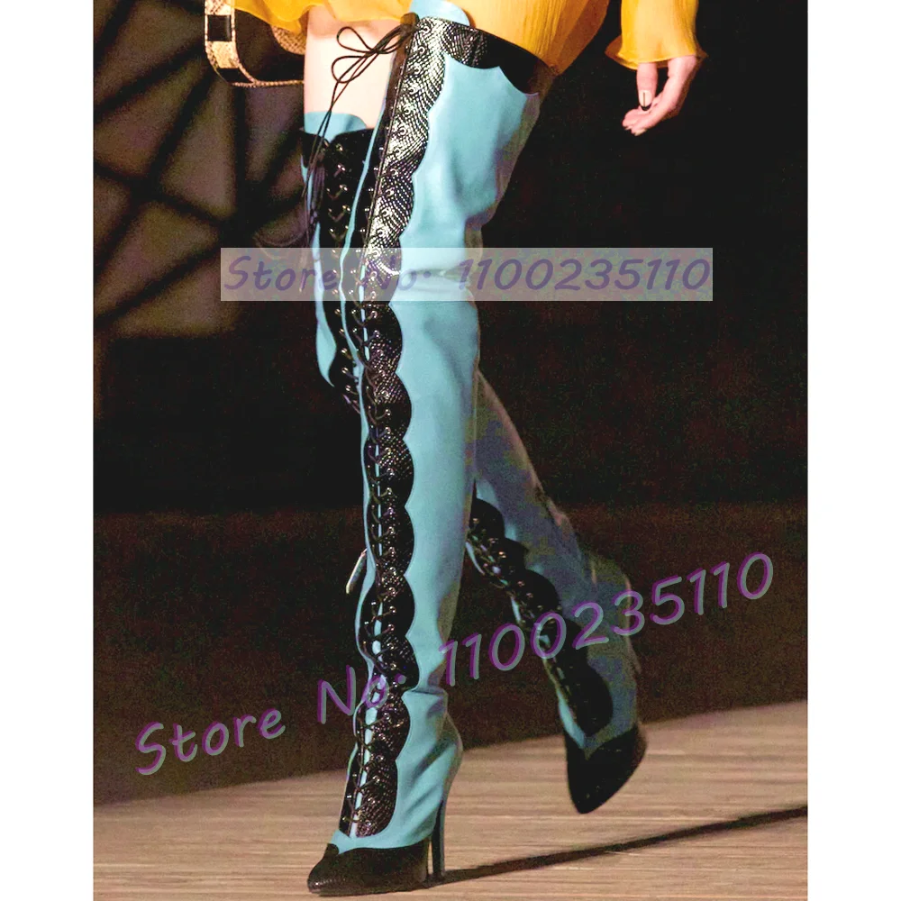 

Sexy Lace Up Slim Over Knee Boots Women Classy Pointy Toe Lace Decor Shoes Female Stylish Runway Mixed Colors Catwalk Tall Boots