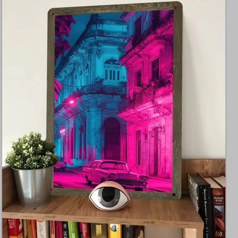 Vintage Havana Street View Metal Wall Art Neon Light Classic Car Decor Living Room Bar Decorative Hanging Painting