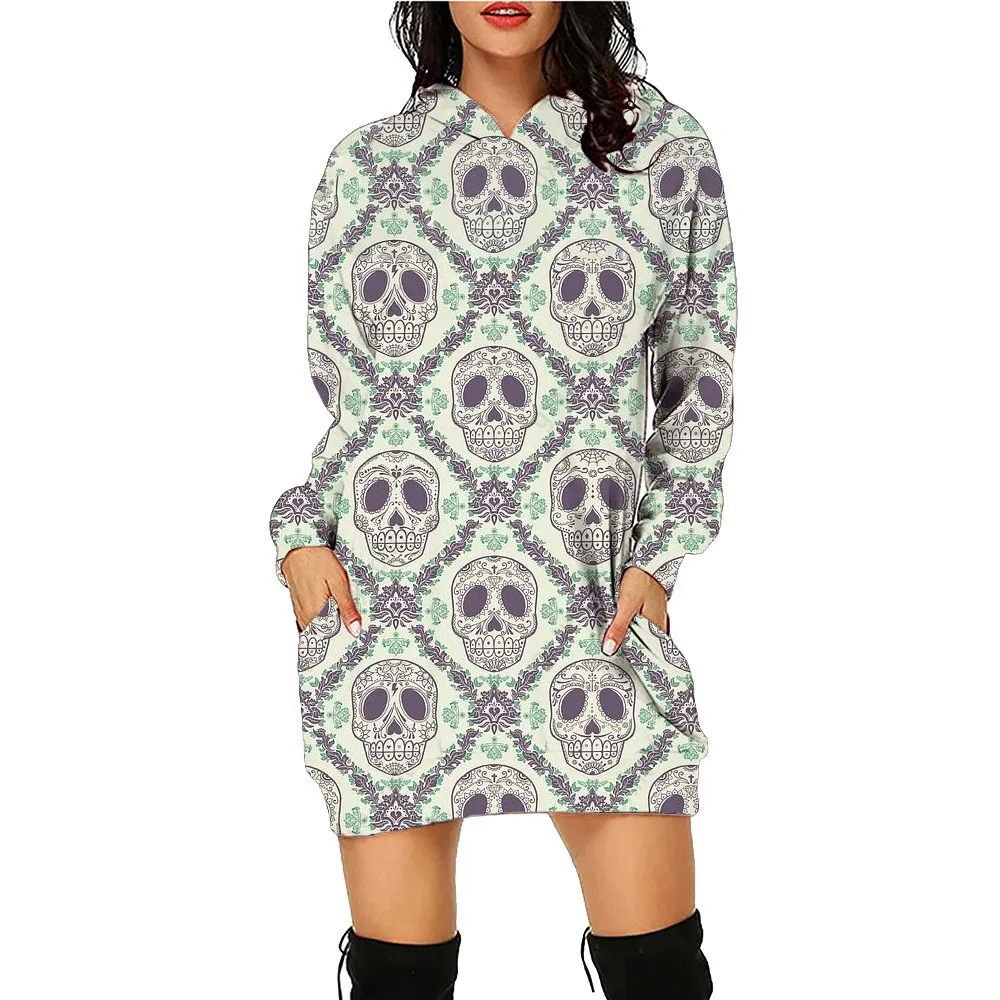 Robe à capuche imprimée tête de mort florale pour femme, sweat-shirt d'entraînement, pull à manches longues, t-shirt d'automne, robe éducative, Halloween