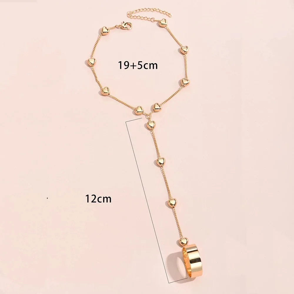 Simple Heart Pendant Chain Bracelet Link Connected Gold Plated Wide Finger Ring Bracelets for Women Link Hand Harness Jewelry