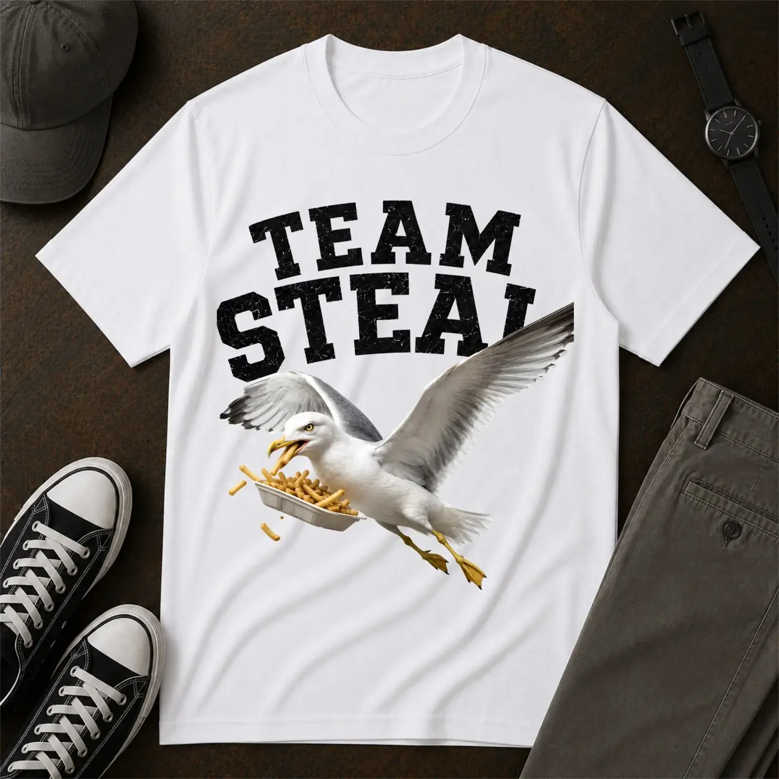 Funny Seagull T Shirt Team Steal Chips Thief vintage Washed Stylish Comfortable graphic Slightly Stretched Versatile