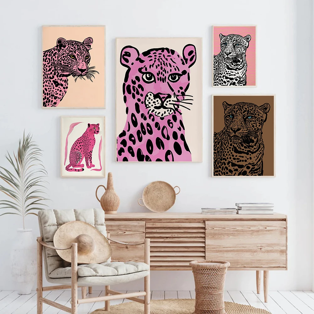 

Preppy Aesthetic Prints Teenage Room Decor Pink Abstract Panther Leopard Safari Animal Wall Art Home Office Poster Decor Picture