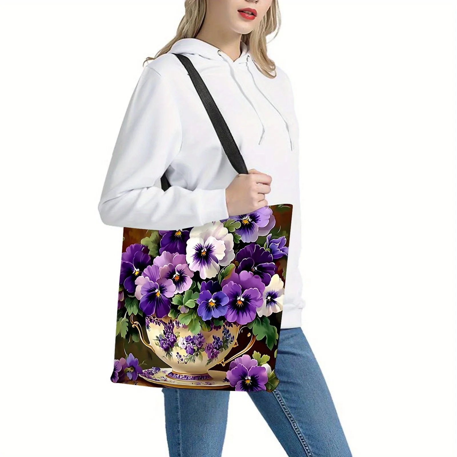 パンジー柄トートバッグ1点 - 鮮やかな紫と白の花柄デザイン、丈夫な生地のショルダーバッグ、ショッピング、通勤、旅行に