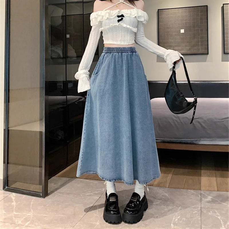 

TFETTERS 2025 Spring Autumn Retro Washed Denim Skirt Women Loose Fit Casual Slimming Versatile A-line Jeans Midi Skirt for Lady