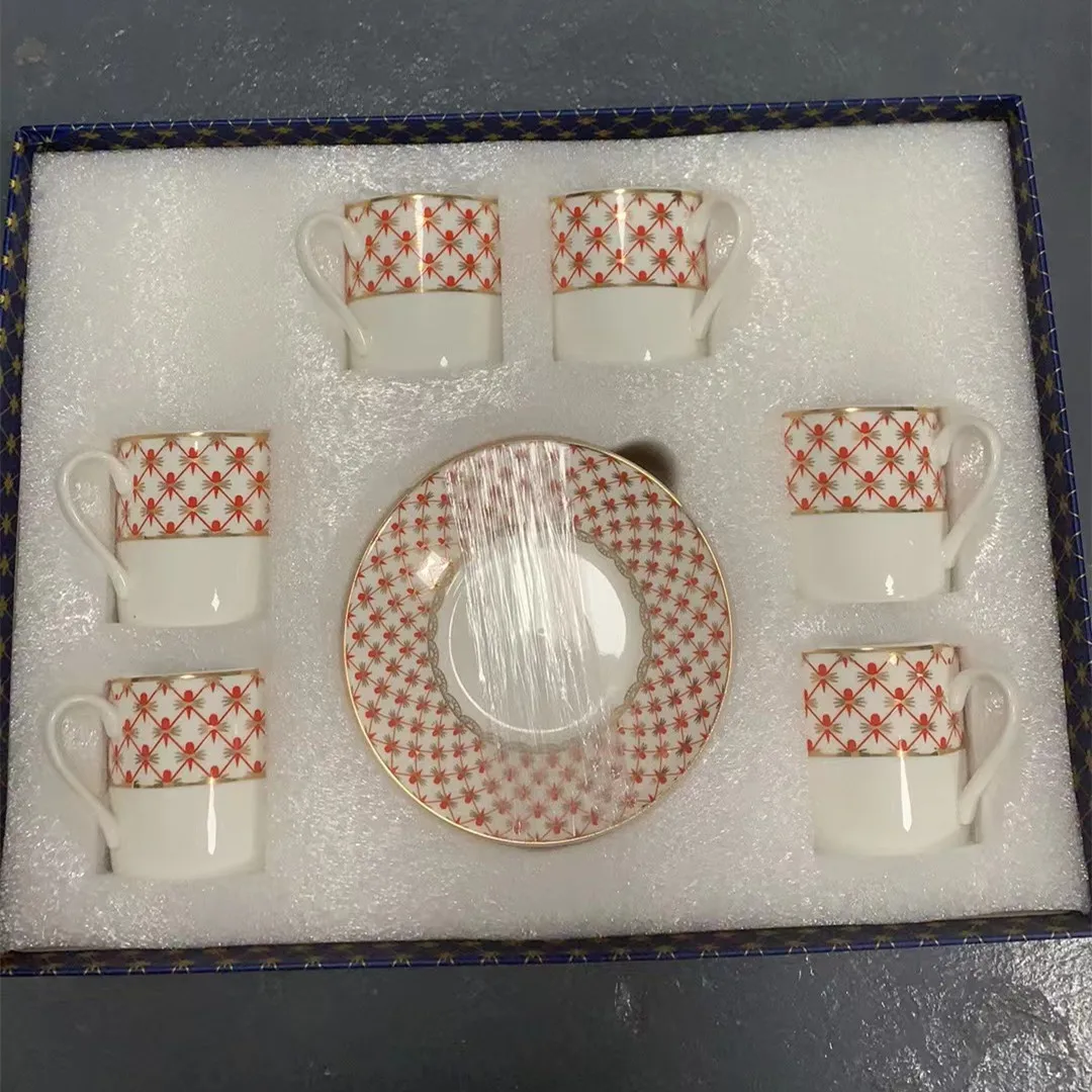 European Bone China Espresso Cup and Plate Set with Red and Blue Dual Color Pattern Afternoon Tea Cup Couple Gift Box Set