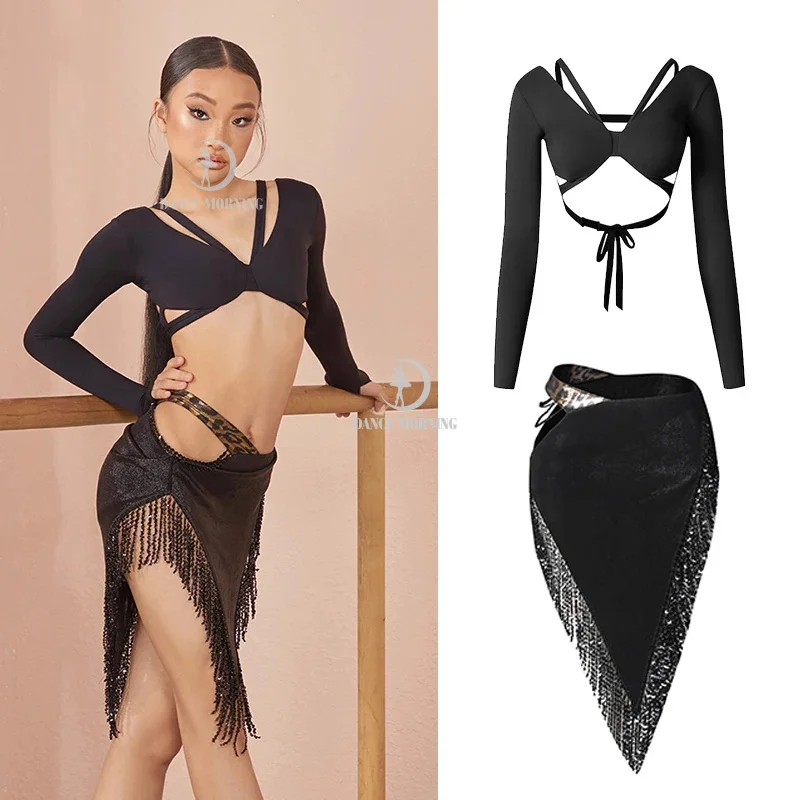 

Новый костюм для латинских танцев, топы с длинными рукавами для девочек, юбки с кисточками из бисера, одежда для выступлений, одежда для танцев ча-ча, танго