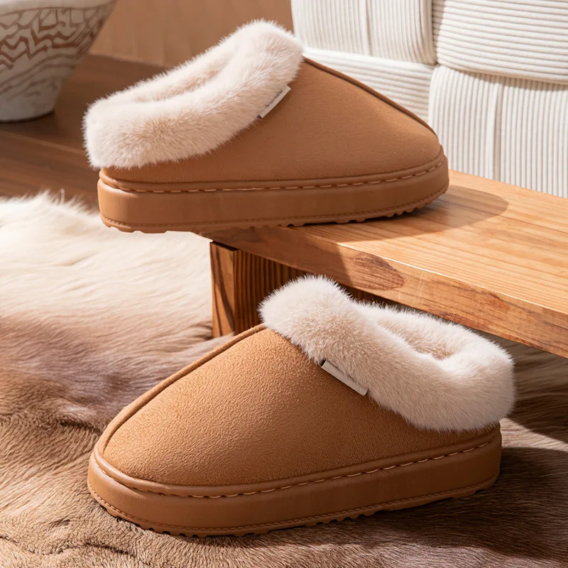 Пара зимних теплых тапочек из искусственной кожи - противоскользящие домашние и уличные зимние ботинки, мужская и женская домашняя обувь для отдыха