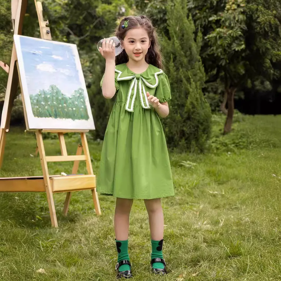 

2024 Europ Summer Kids girls green forest loose chemise puff sleeve Dresses A-LINE striped Princess Children teens 4 13 Years